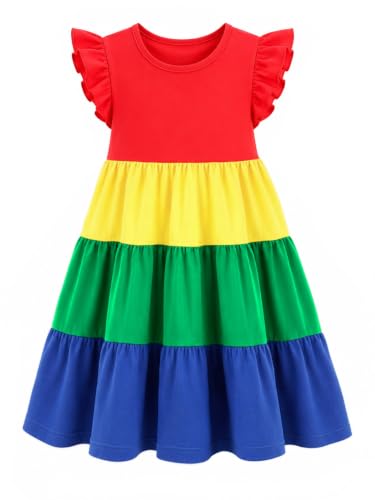 Image of HILEELANG Girls Cotton Tiered Dress Flutter Ruffle Sleeve Summer Swing Sundress Birthday Party Casual Outfit Colorblock 2-12Y