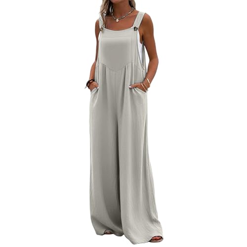 ATALRPOU Gray Wide Leg Jumpsuits for Women with Pockets Long Pant Romper Plus Size Sleeveless Overalls Boho Clothing Womens Travel Outfit for Airplane Enterizos para Mujer Casuales