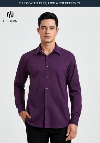 Image of HISDERN Mens Business Dress Shirts Long Sleeve Casual Button Down Shirt Formal Inner Collar Contrast Shirt for Men Wedding