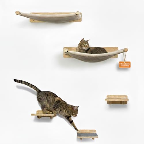 WOOWOOD® Kletterwand Katzen inkl. 2X Katzentreppe Wand [Massivholz] I Kratzbaum Wand I Hängematte Katze I Wandkratzbaum I Katzenmöbel I Katzenwand...