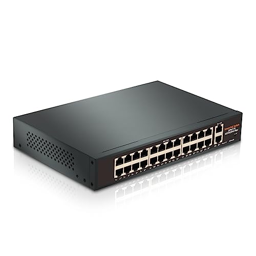 Image of 24-Port Unmanaged Gigabit PoE+ Switch with 2 Gigabit Uplink Ports, Up to 400W, IEEE 802.3af /at Compliant, VLAN Support, 250M Extend, Desktop /Wall Mount, Plug and Play Metal Network Switch