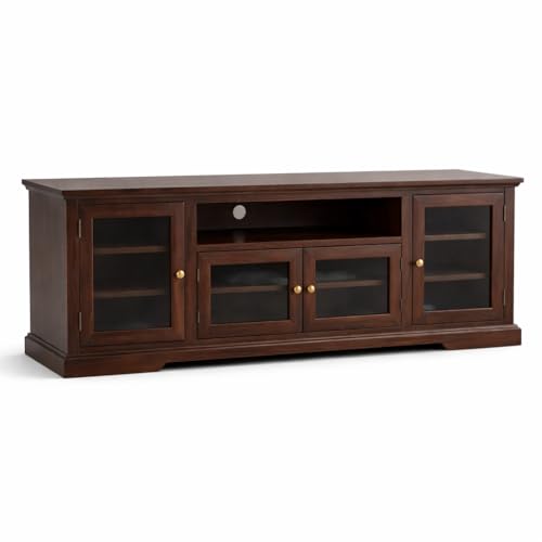 Image of Solid Sheesham Wood TV Unit for 55 Inch & Above | Handcrafted Entertainment Cabinet with Glass Door Storage | Rustic Finish | Pre-Assembled | 70x30x18 Inch | Living Room Furniture