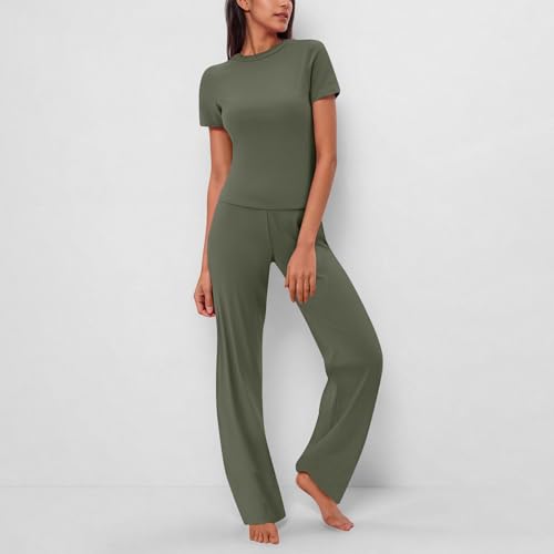 Business Casual Outfits for Womens 2 Piece Outfits Lounge Sets Ruched Short Sleeve Tops High Waisted Wide Leg Pants Tracksuit2