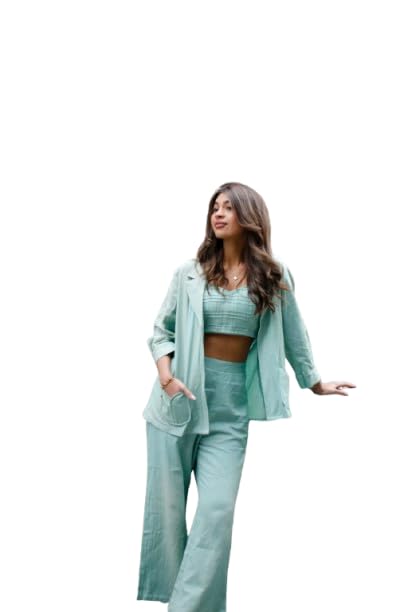 Women Organic Clohting Tradition Khadi Fabric Crop Top Designer Lotus-Shaped Pocket & Trousers With Blazer Co-Ords Comfort Elegance Look For Special Occasion’s (Sea Green Mint)-image-46