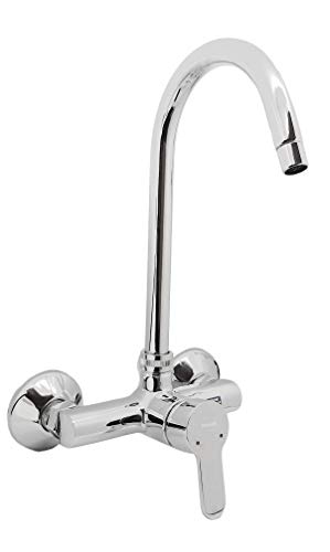 Image of Aquieen Wall Mounted Single Lever Sink Mixer with provision for hot & cold water with 360 degree hi-neck spout, connecting legs & wall flanges (Chrome - Fusion)