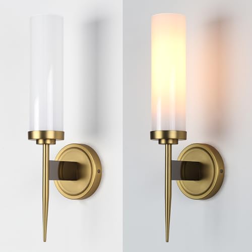 Image of PERMO Vintage Wall Sconce Gold Sconces with 2.8 inch Cylindrical White Glass Shade Hardwired Sconces for Bathroom Living Room Entryway Home Office
