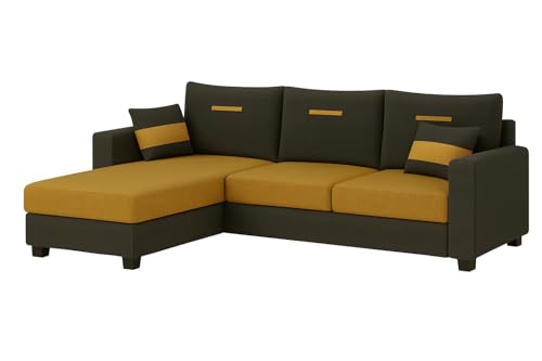 Image of CASASTYLE Dreamon 4 Seater Fabric LHS L Shape Sofa Set (Yellow-Dark Grey) | Velvet Finish | Comfortable Sectional Sofa for Living Room