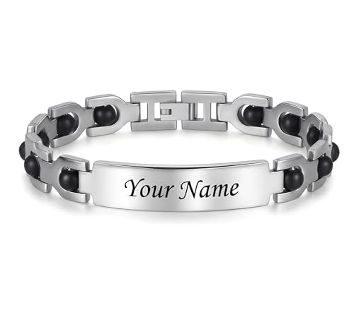 Image of Personalized Name Karungali Bracelet for Men & Women | Engraved Stainless Steel Adjustable Bracelet | Customized Gift for Husband, Wife, Boyfriend, Girlfriend, Friends & Family | Custom Name Jewelry Gift in Silver with Gift Box