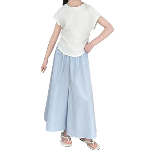 BILIKEYU Girls Summer Outfits Short Sleeve Crewneck Side Smocked T Shirts and Elastic Waist Baggy Wide Leg