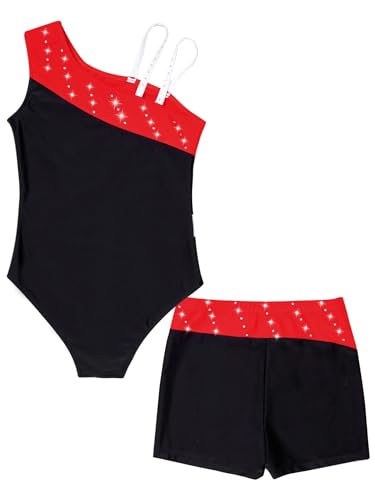 Gymnastics Leotards for Girls Oblique Shoulder Shiny Rhinestone Dancewear with Matching Shorts 2pcs Outfits Activewear4