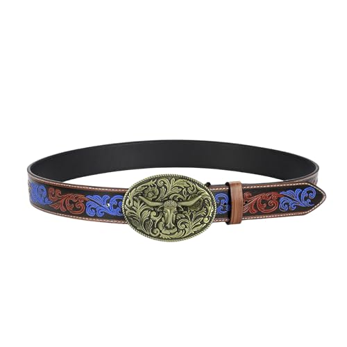 Western Cowboy Cowgirl Belt Country belt for Men Women Vintage Engraved Leather Longhorn Bull Buckle Belts for Jeans2