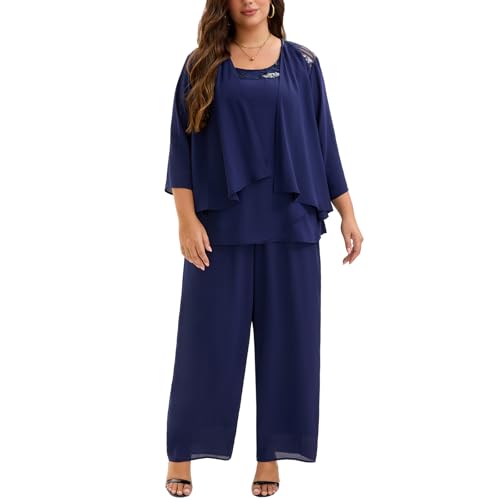 Plus Size Mother of Bride 3 Piece Chiffon Pantsuit Embroidered Lace Sequins Wedding Guest Formal Evening Attire2