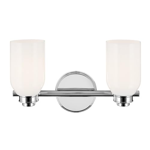 Image of Kichler Shae 2-Light Vanity Light, Chrome | Vanity light with white opal glass for bathroom vanities and mirrors (15 inch x 9 inch), 55201CH