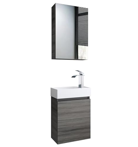 Faizee Home | Badmöbel Set Grau – Waschtisch mit Unterschrank, Keramik-Waschbecken & Spiegelschrank | Inkl. Wasserfall-Armatur in Chrom | Modernes Badezimmermöbel mit elegantem Design