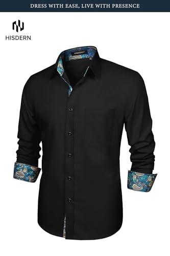Image of HISDERN Mens Business Dress Shirts Long Sleeve Casual Button Down Shirt Formal Inner Collar Contrast Shirt for Men Wedding