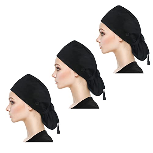 Image of QBA Adjustable Working Cap with Button, Satin-Lined Hat, Cotton Working Hat Sweatband, Elastic Tie Back Hats Unisex