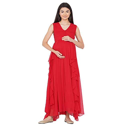 Image of Mine4Nine Women's Maternity Solid Red Color Maxi Baby Shower Dress for Women /Soft Comfortable Nursing Dress with Front Button Attached for Post-Pregnancy