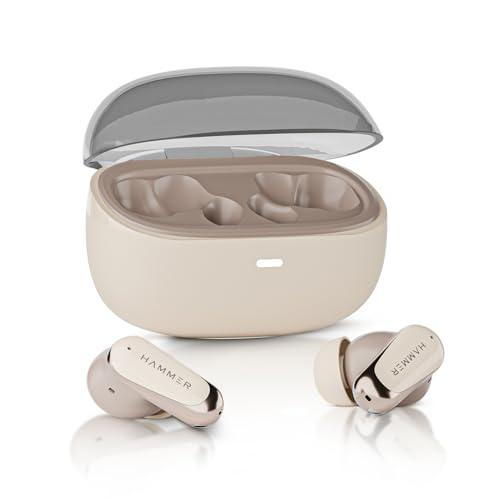 Image of HAMMER Aura 32dB ANC, 4-Mic ENC Wireless Earbuds for Calling,50H Battery, Transparency & ANC Modes, 13mm Titanium Driver, BT v6, 35ms Low Latency Gaming Mode, Semi-Transparent Chrome, IPX4 (Beige)