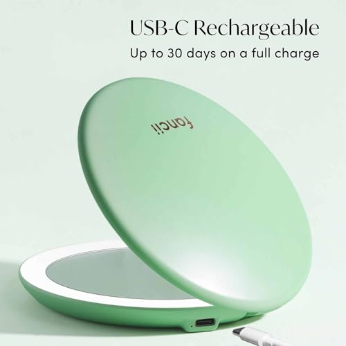 Image of Fancii Taylor LED Lighted Compact Makeup Mirror, Rechargeable, 10x /1x Magnifying, 3 Light Settings, XL Large 5 inch Wide | Travel Mirror for Purses (Mint Green)