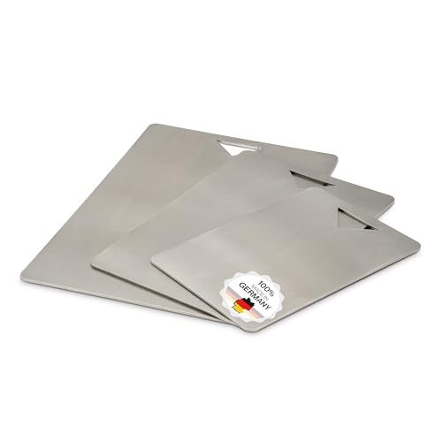 Edelstahl Schneidebrett - Für Fleisch, Fisch & Gemüse - Hygienisches Schneidbrett Metall - Stahl Brettchen Küche Plastikfrei - Küchenbrett (Mit Griff, 3er Set)