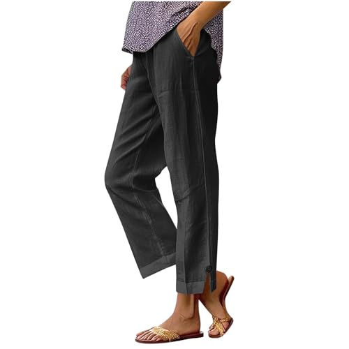 Image of Linen Pants Women 2026 Summer Beach Vacation Trousers Elastic Waist Linen Capris Pants Boho Casual Travel Pant