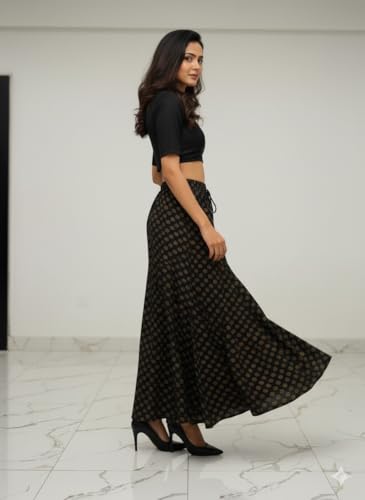 Image of TNQ Full Flared Cotton Palazzo Pants || Gold Print Printed Sharara Garara || Ethnic Or Casual Wear