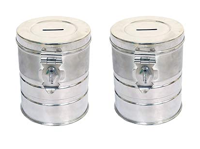Zero to infinity Store Stainless Steel Coin/Money Bank Container/Piggy Bank/for Kids with A Pressing Lock Size and Round Shape (Silver) Set of 2 Pieces