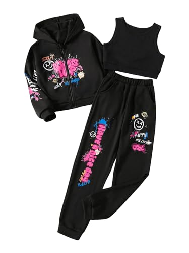 SHENHE Girl's Tracksuit 3 Piece Set Crop Tank and Jogger Sweatpants with Graphic Zip Up Hoodie