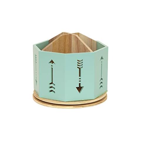 Spinning Desktop Stationary Organizer - Decorative Wooden Rotating Pen and Pencil Cup - 4 Compartment Teal Desk and Table Top Office Supplies Station with Arrow Design - by Designstyles Cover