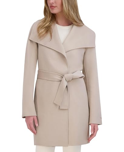 Tahari Women's Double-Faced Luxury Soft Wool Blend Peacoat- Wrap Wool Coat with Removable Belt, Soft Almond, Large