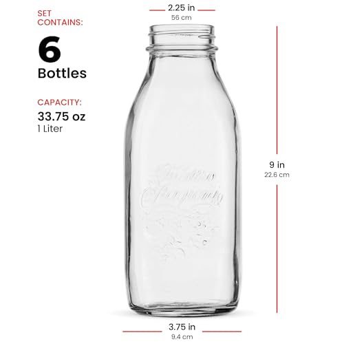 Bormioli Rocco Quattro Stagioni Glass Milk Bottle 33.75 Ounce/1 Liter with Airtight Lid, Great For Kombucha Brewing Bottle, Beer, Homemade Juicing, Smoothies, Beverages, Durable Construction. (6 Pack)