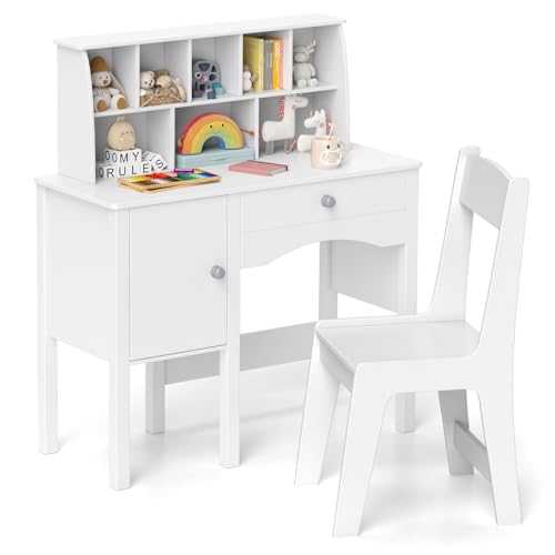 COSTWAY Bureau Enfant Garçon Fille avec Chaise & 8 Compartiments, Table et Chaise Enfant en Bois...