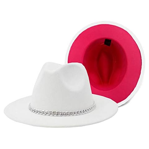 Gossifan Wide Brim Fedora Felt Panama Hat with Chain Belt Buckle - White&Rose Red Cover