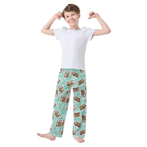 Cute Sloth Leaf Boys Long Pants Soft Trousers Elastic Waist Kids Lounge Bottoms with Pockets S-XL2