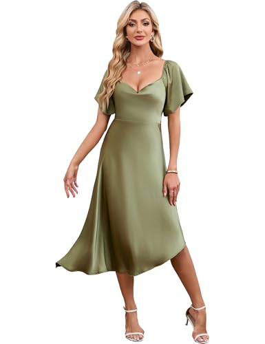 2025 Satin Cowl Neck Flutter Sleeve Midi Dress Silk Sexy Tie Back Asymmetrical Hemline Formal Long Dresses for Wedding Guest