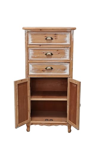 Image of Rustic Tall Storage Cabinet - Distressed Solid Wood Frame Accent Cabinet with Textured Drawer Fronts, 3 Drawers & 2 Doors, Farmhouse Freestanding Floor Cabinet for Entryway, Living Room, Hallway