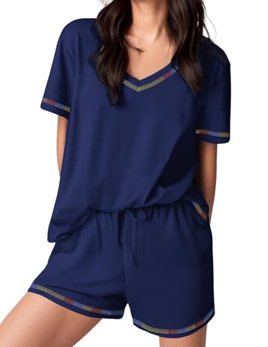 Image of Ekouaer Womens Pajamas Sets Soft 95% Cotton Pjs Short Sleeve Lounge Sets | Comfy Sleepwear Sets with pockets, ideal for Home, Mom, Party, Gifts, Daily Wear
