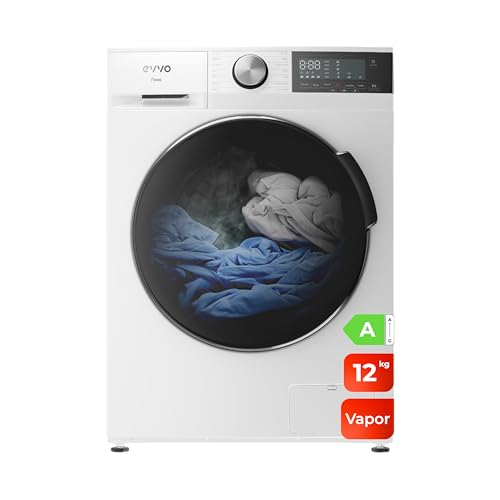 EVVO Lavadora 12kg, Vapor, Motor Inverter, Bajo consumo, Clase A, Hygiene Pro, Lavado Rápido 15', Tambor ePROTECT, SMART LOAD, 1400 rpm, 13 programas, Carga frontal, Nova (12Kg, Blanco)