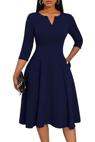 Image of Nmoder Midi Dresses for Women A-Line Fit and Flare Dress 3 /4 Sleeve V Neck Cocktail Wedding Guest Work Dress with Pockets