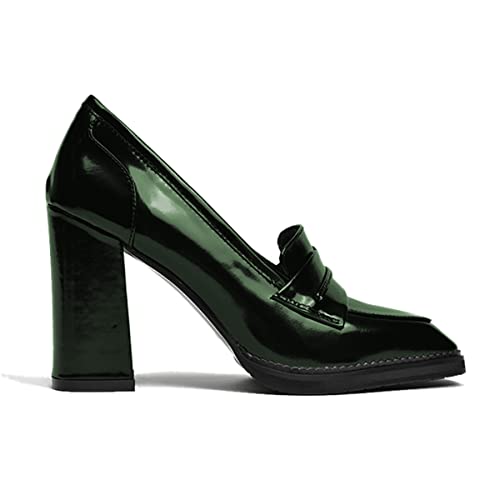 Image of FOWT Dressy High Block Heels Loafers for Women Classical Square Toe Pumps Comfortable Slip On Walking Shoes School Uniform Goth Oxfords US Size 4-16 M