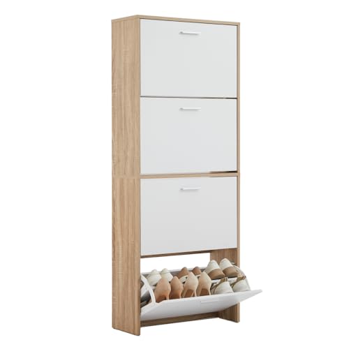 CASABEL Meuble à Chaussures Moderne 4 Abattants, Rangement Chaussures 24 Paires, Blanc et Bois Clair, Meuble en Bois, Dimensions L60xP24xH150 cm, Grande...