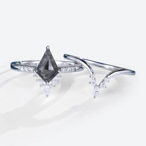 2 Pcs Vintage Salt and Pepper Diamond Ring for Women 1.5 Ct Kite Cut Salt and Pepper Engagement Ring Set 925 Sterling Silver 10K 14K 18K Gold Salt and Pepper Bridal Set3