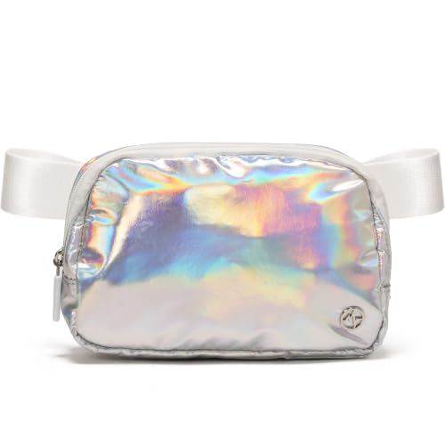 Pander Everywhere Crossbody Bag Polyester Sling Belt Bag with Adjustable Strap 63-120cm and Elastic Loop for Women Men Travel Gym Iridescent Silver