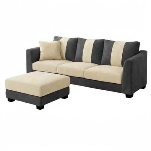 Image of Revo 4 Seater L Shape Sofa Set with Movable Ottoman | Flexible Left or Right Layout | Luxury Velvet Suede Fabric | Modern Living Room Sofa | Dark Grey-Cream
