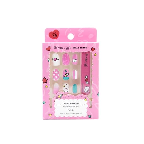 The Crme Shop x Hello Kitty Wings Collection Press On Nails Short Squoval Shape 24 Nails Kit with Glue and Tools 12 Sizes (Wings Pink)