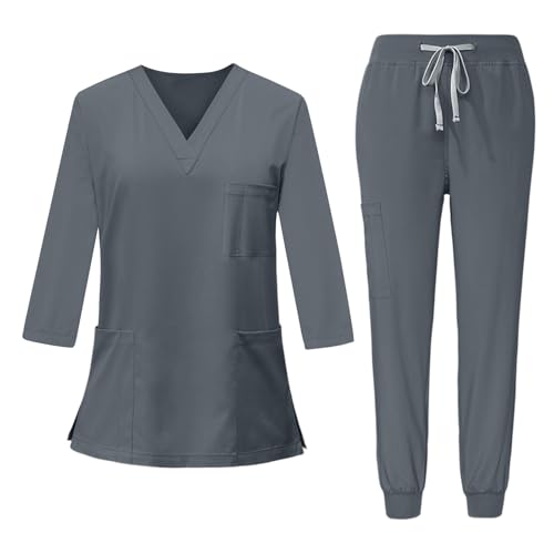 HGWOPGASD Conjunto de uniformes médicos para mujer Conjunto de uniformes médicos duraderos con mangas 3/4 y bolsillos Ropa de trabajo resistente Ropa de trabajo para enfermeras 01-Gris oscuro L