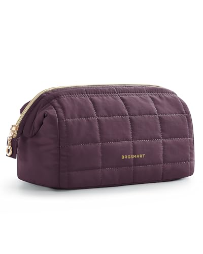 Image of BAGSMART Puffy Padded Travel Makeup Bag, Wide-open Toiletry Bag, Burgundy Red