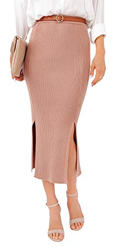 HZSONNE Women's Casual Rib Knit Bodycon Midi Skirt High Waist Pleated Stretchy Maxi Pencil Skirt with Slit Basic Skirts (Blush,Medium)