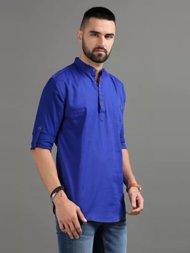 Image of DEEMOON Men's Cotton Blend Full Sleeve Short Kurta with Mandarin Collar Crafted from a Premium Cotton Blend