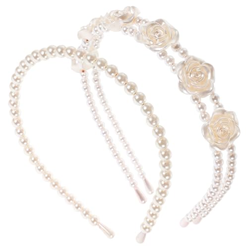 NIYANGLE 2 Piezas diadema de perlas cabello Venda ondulado banda facial diademas de ducha para mujer diademas para mujeres niñas diadema ancha para mujer diademas de niñas aleación blanco